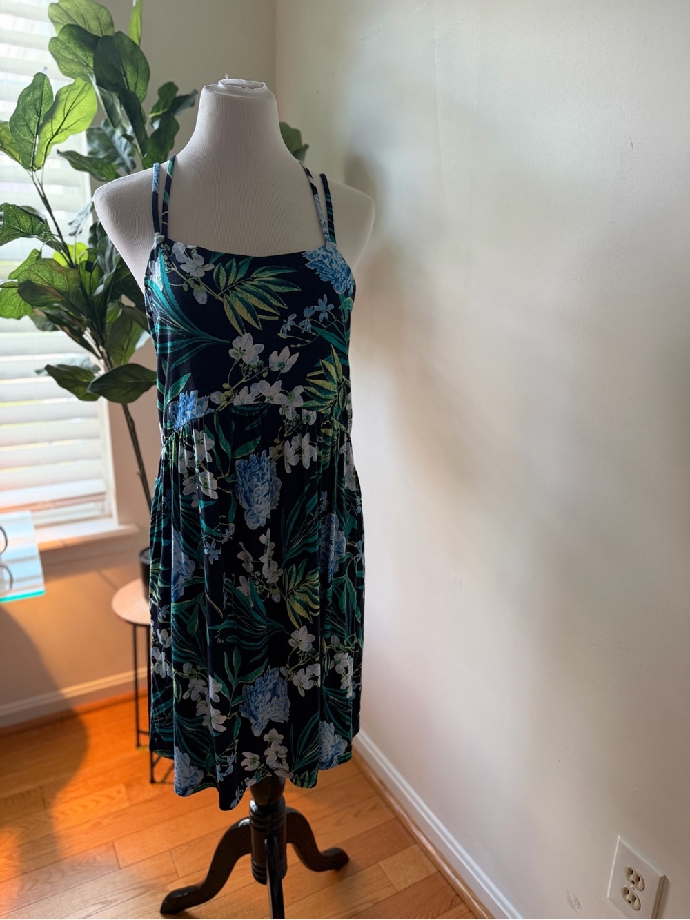Old Navy Navy Floral Tropical Print Spaghetti Strap Sundress